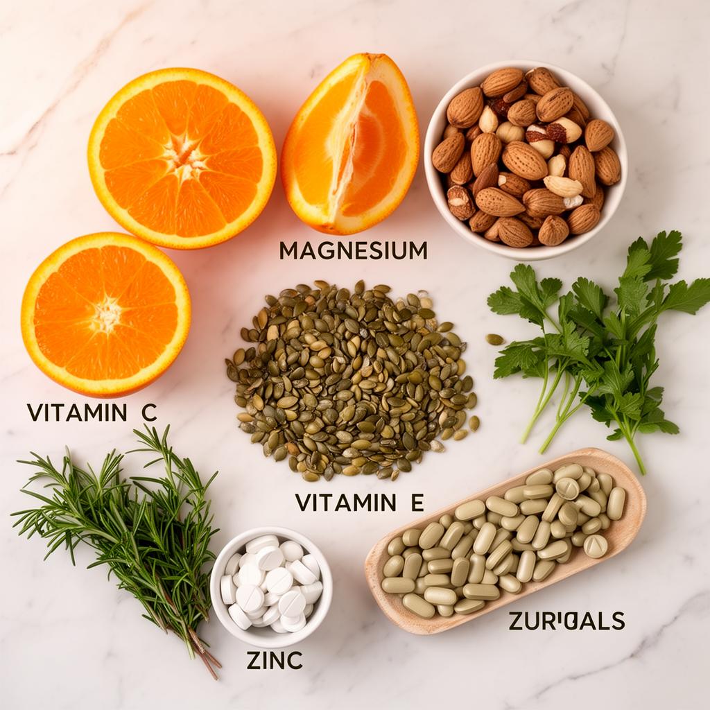 Natürliche Inhaltsstoffe von CardioX: Vitamin C, Vitamin E, Magnesium und Zink